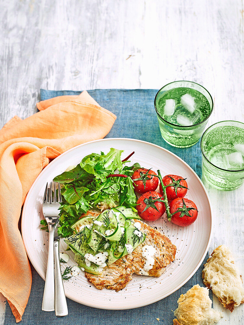 Lemon Turkey with Cucumber and Dill Salad