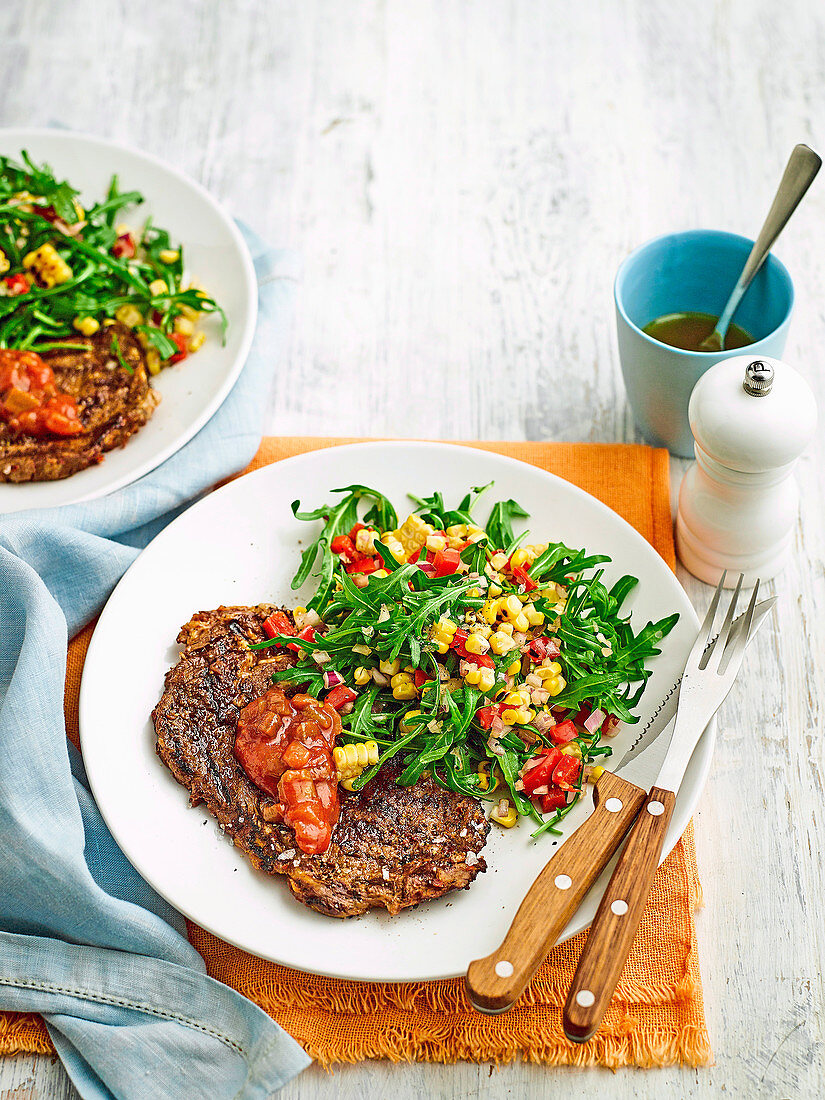 Chargrilled steak with corn and rocket salad
