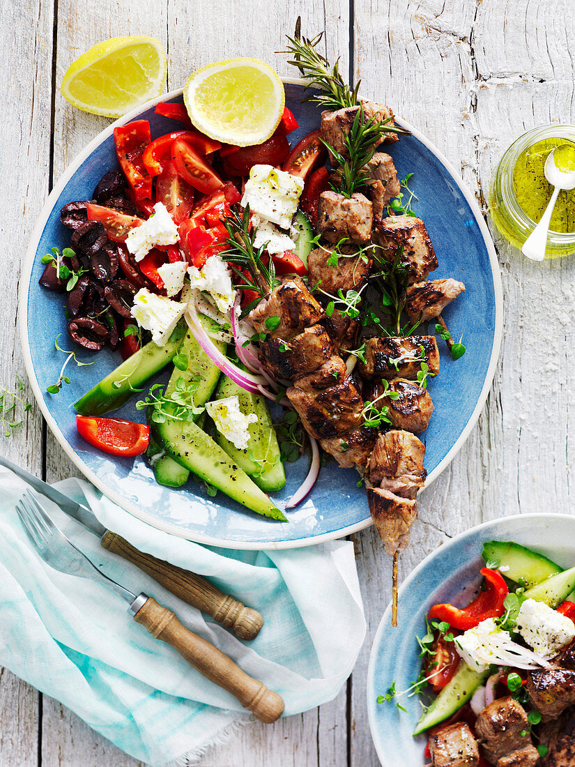 Lemon and Garlic Kebabs with Greek Salad