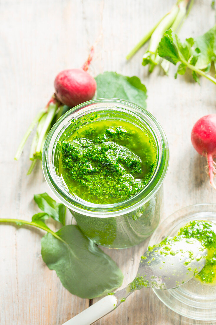 Fresh radish leaf pesto