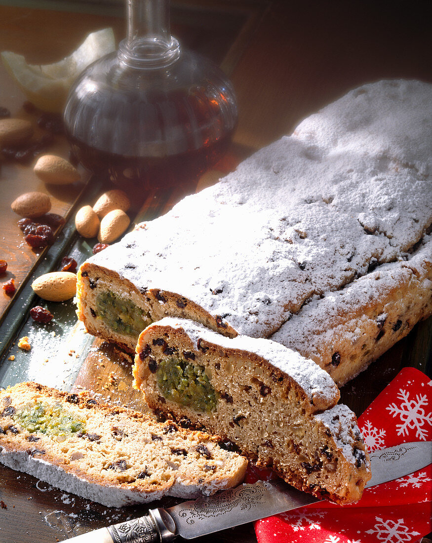 Quark stollen with a pistachio and marzipan filling