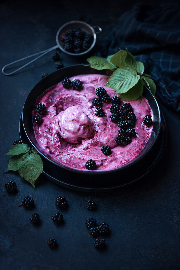 Vegan blackberry ice cream with fresh blackberries