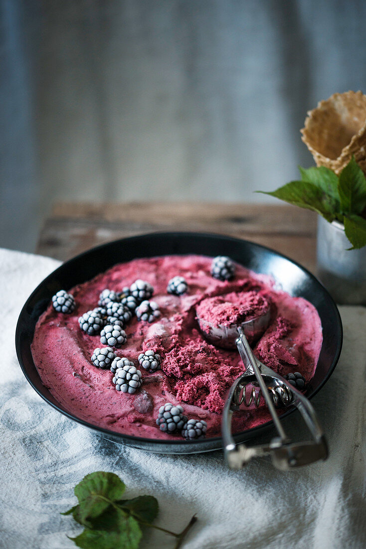 A bowl of vegan blackberry ice cream