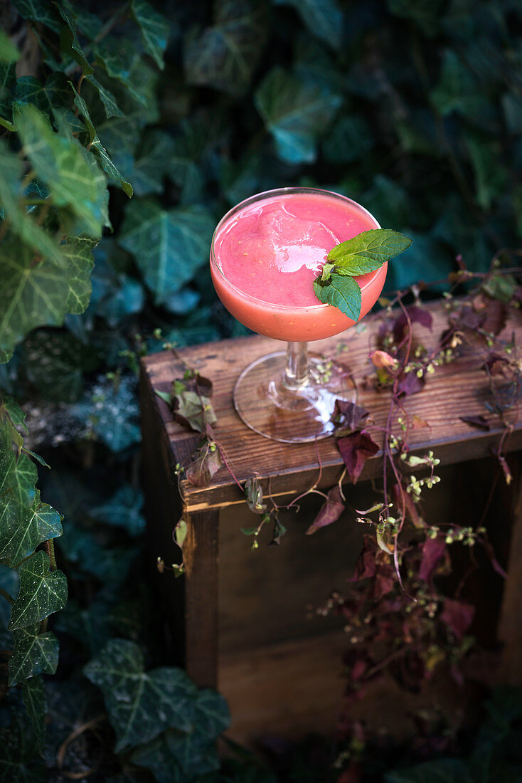 A frozen cocktail made from watermelon, raspberries, gin and wine