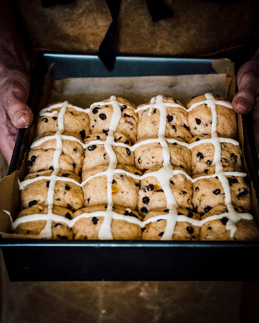 Hot cross buns ready for the oven