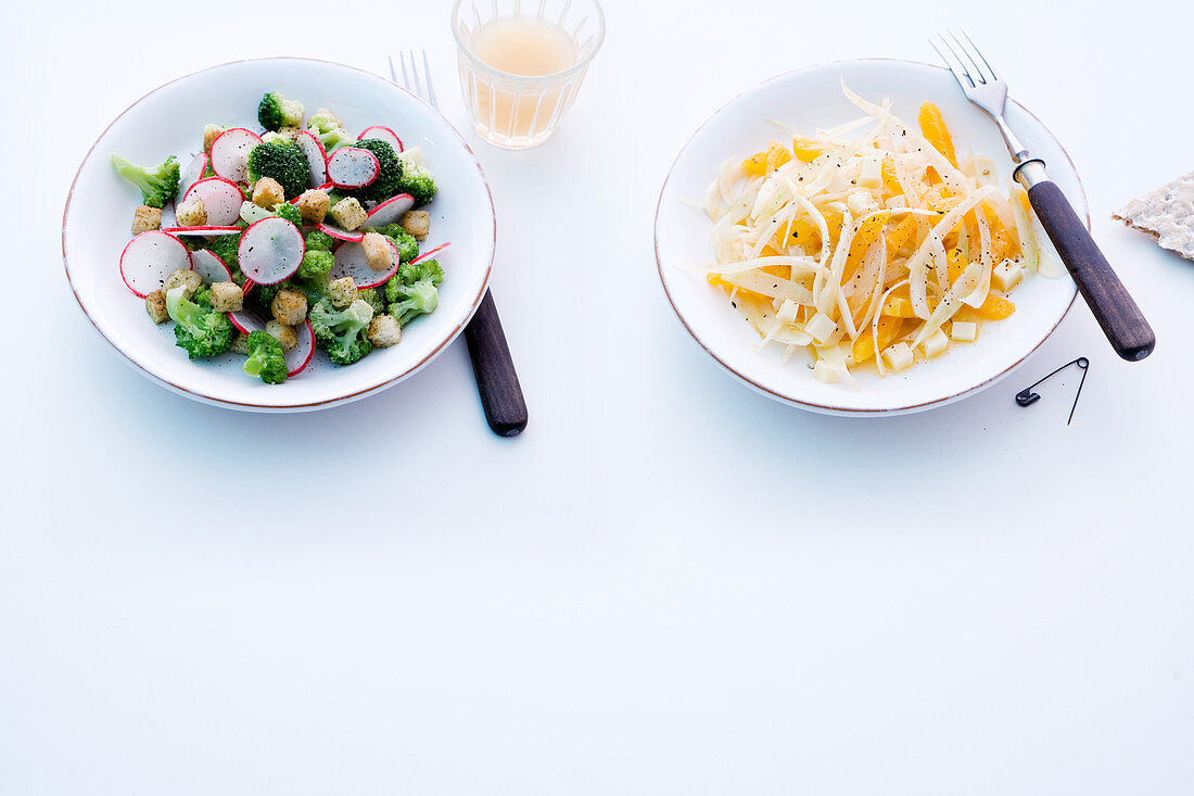 Brokkoli-Radieschen-Salat mit Croûtons und Fenchelsalat mit Orangen und Schnittkäse