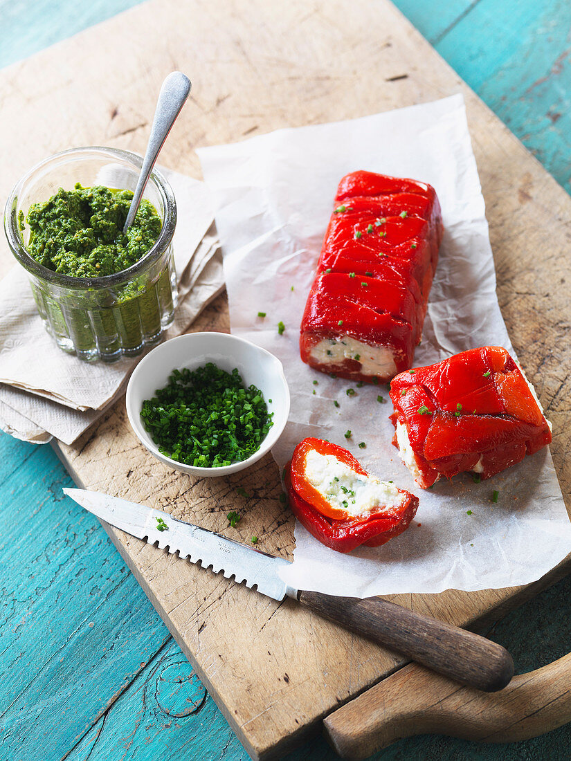 Roasted Capsicum and Goats Cheese Terrine with Pesto
