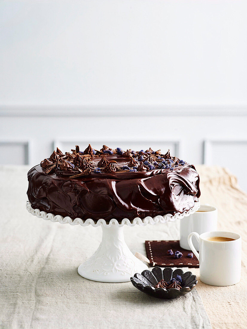 Einfacher Schokoladenkuchen mit Schokoladenglasur auf Kuchenständer