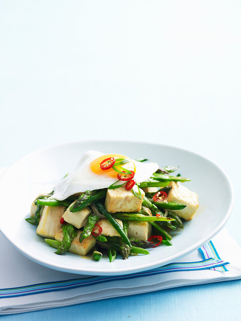 Stir-Fried Asparagus with Green Beans, Egg and Tofu