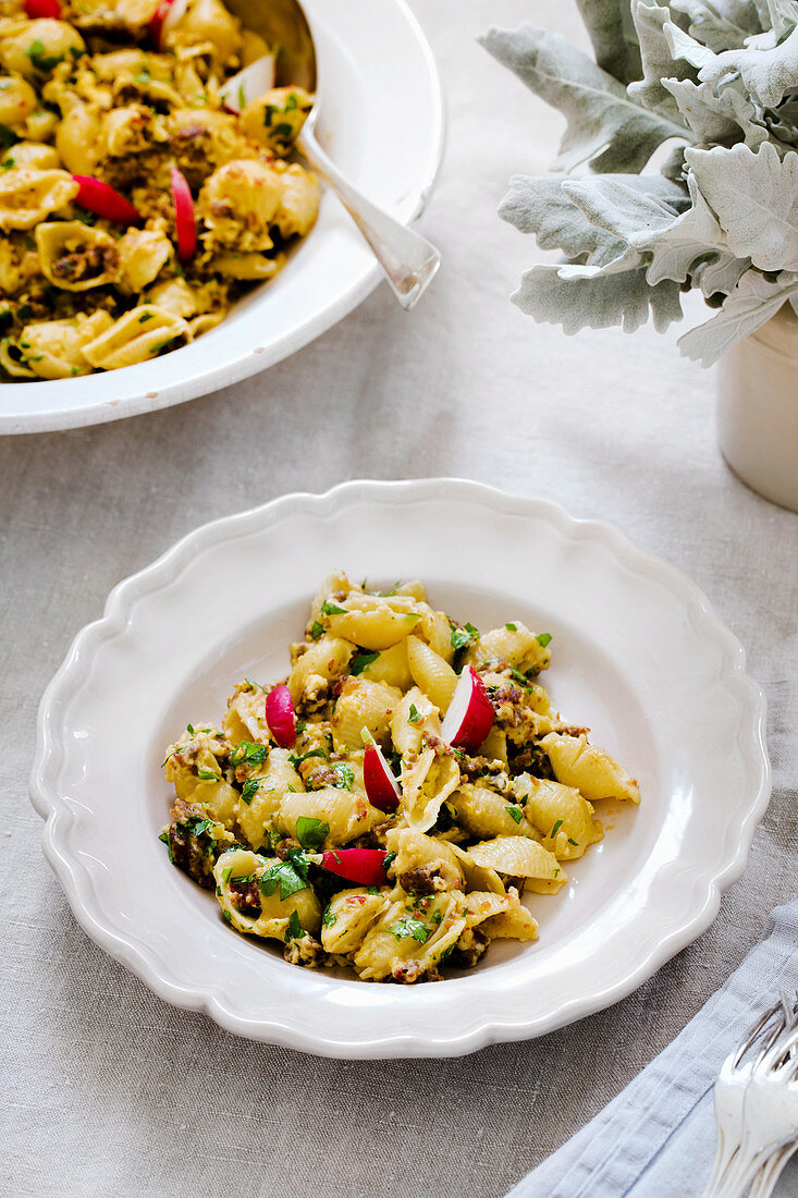 Sausage, egg and radish pasta