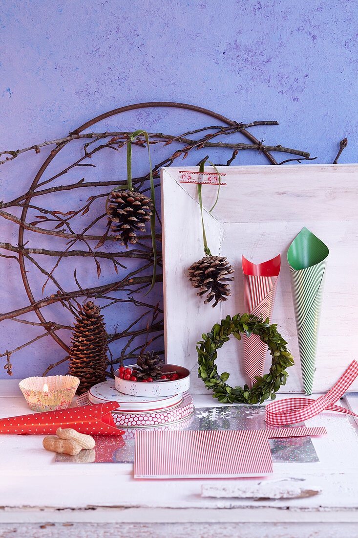 Various craft utensils for making Christmas wreaths