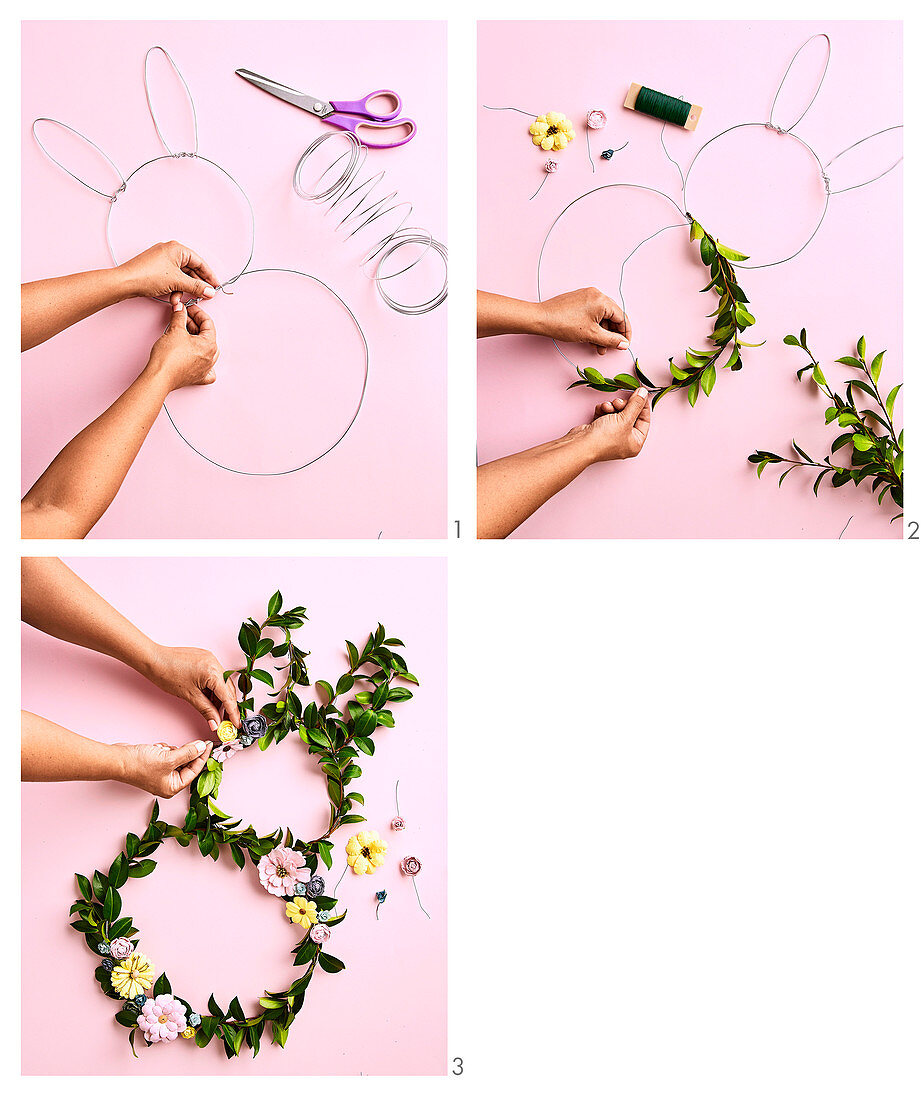 Make wreaths of leaves with paper flowers in the shape of a rabbit