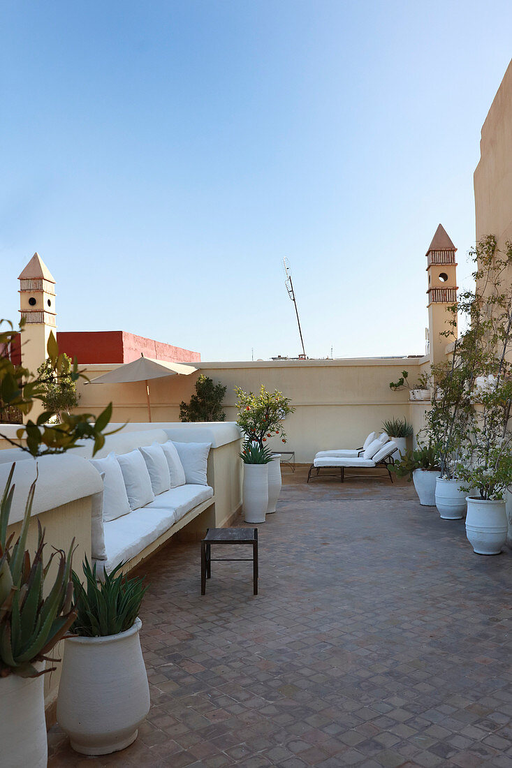 Potted plants on roof terrace with towers on corners