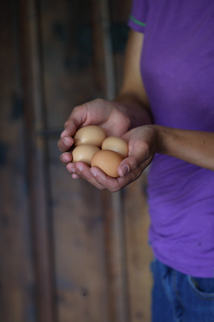 A woman holding four chicken eggs in her hands