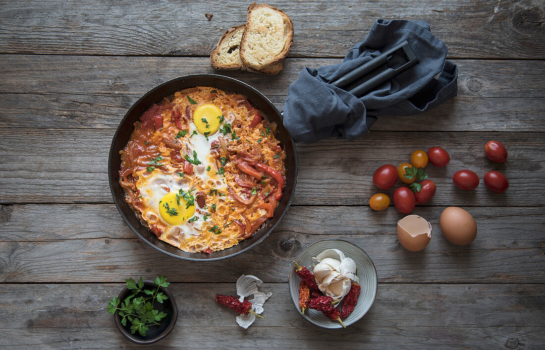 Shakshuka with tomatoes, peppers, onions and eggs