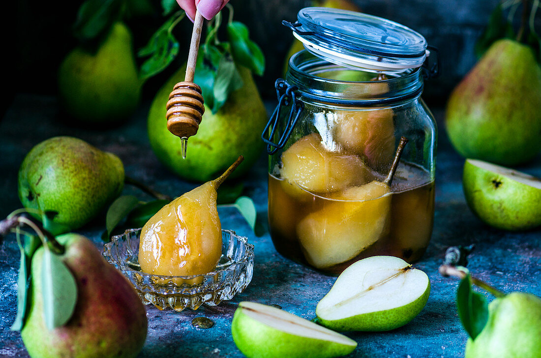 Poached and fresh pears