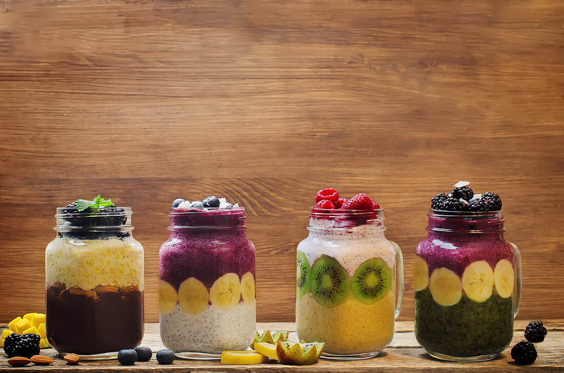 Various breakfast smoothies in jars