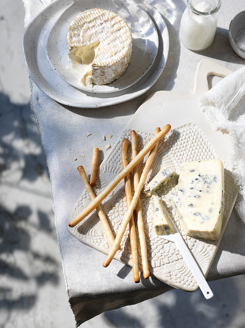 Camembert, blue cheese and breadsticks