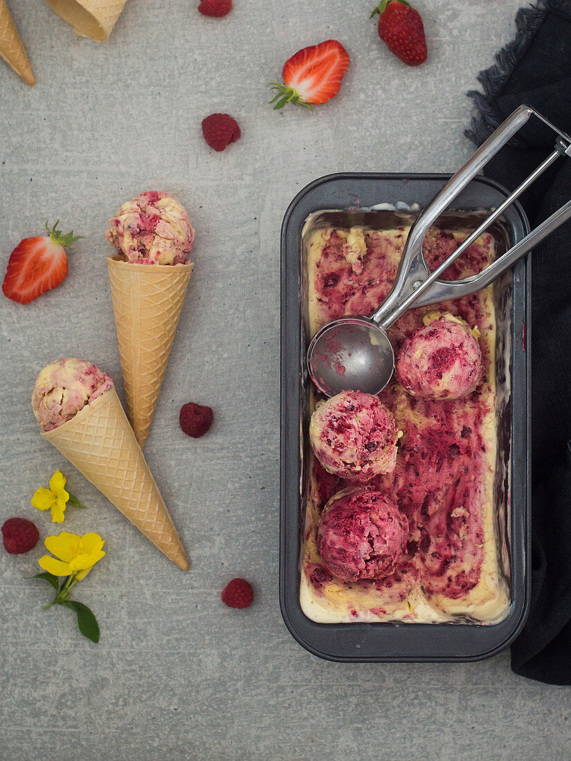 Homemade vanilla and fruits of the forest ice cream