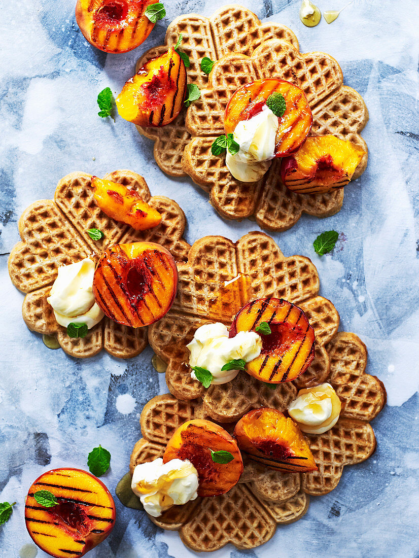 Buckwheat Waffles with Grilled Peaches