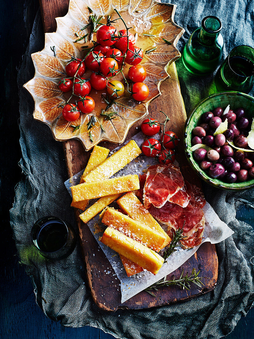 Polenta Chips with prosciutto and roast tomato platter