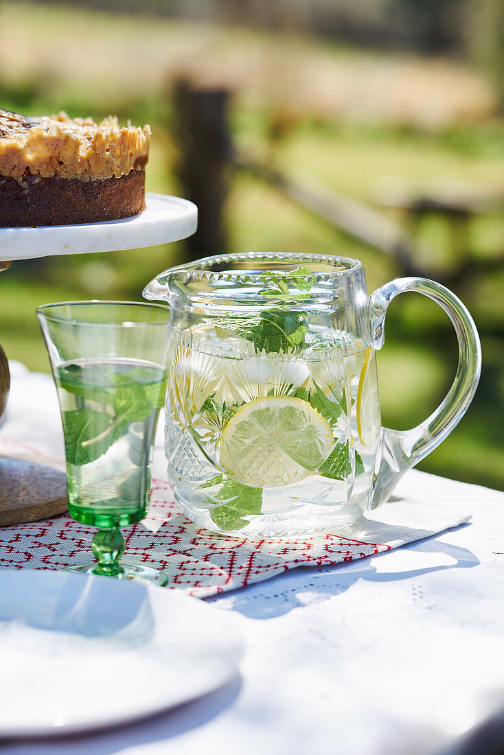 Eiswasser mit Zitrone und Minze in Glaskaraffe und Glas