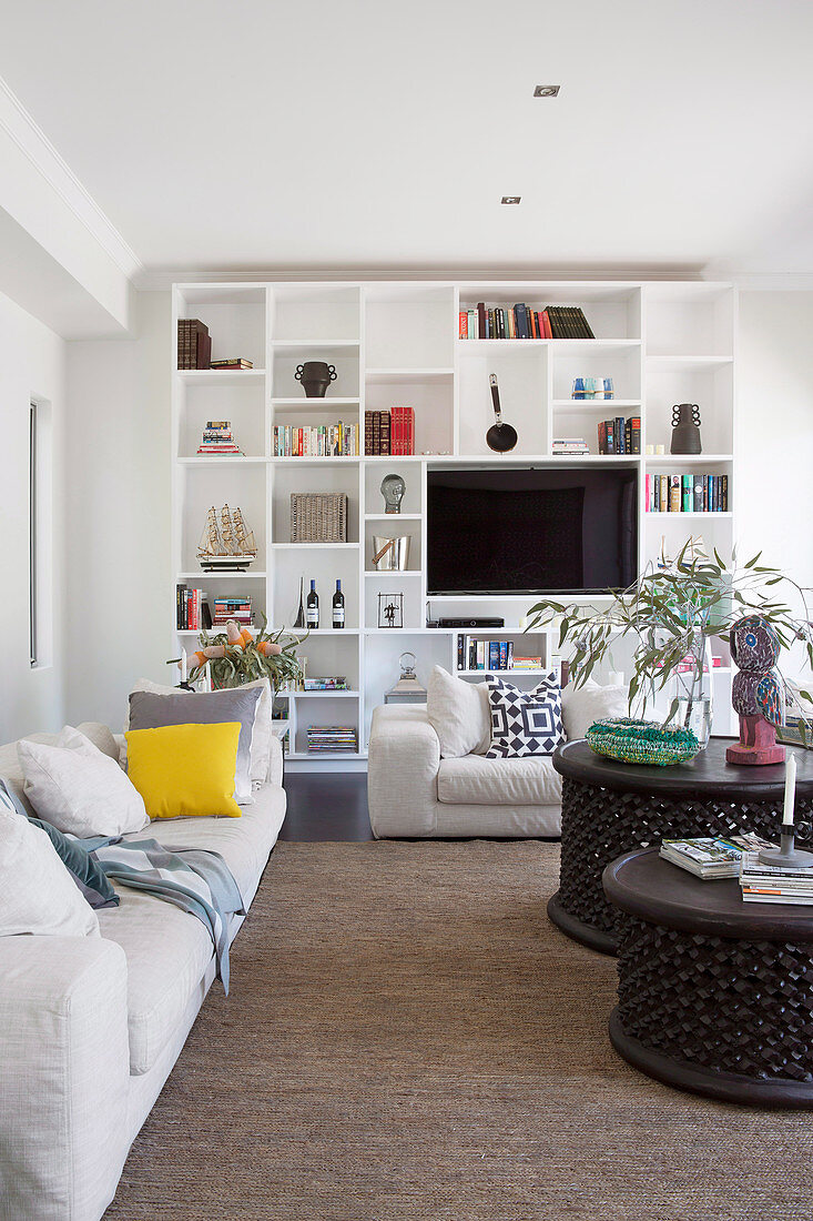 TV on modern shelf in living room