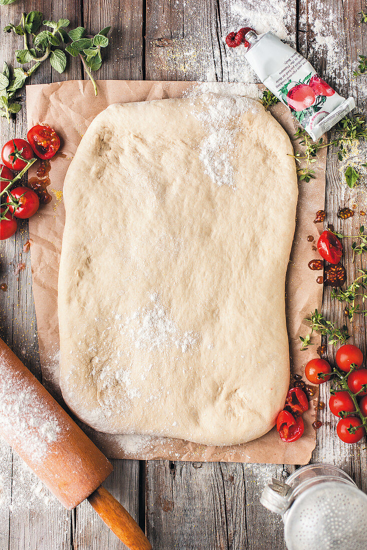 Rolled out pizza dough