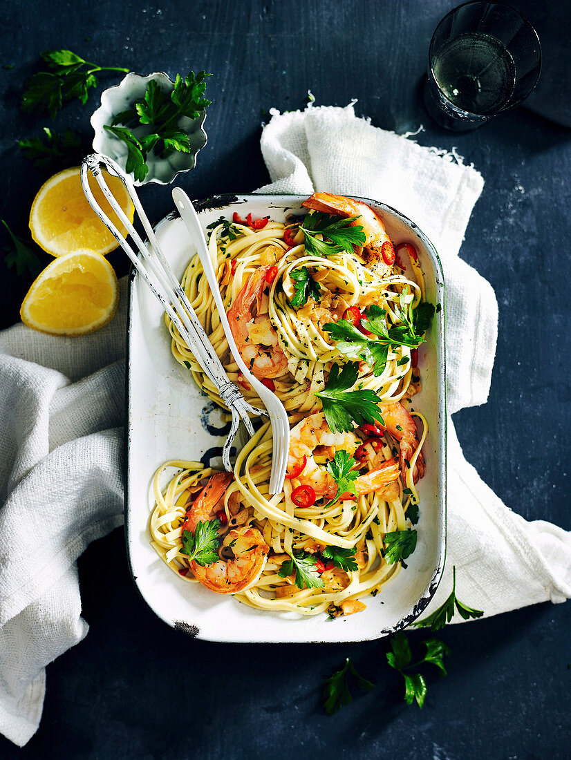 Tagliatelle and prawns