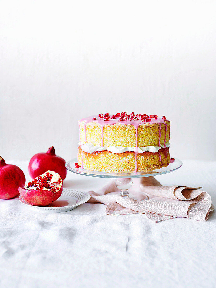Pomegranate and rose petal sponge cake