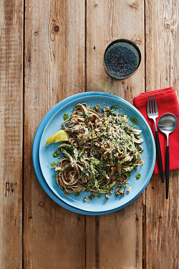 Poached chicken and spelt fettucine with kale pesto