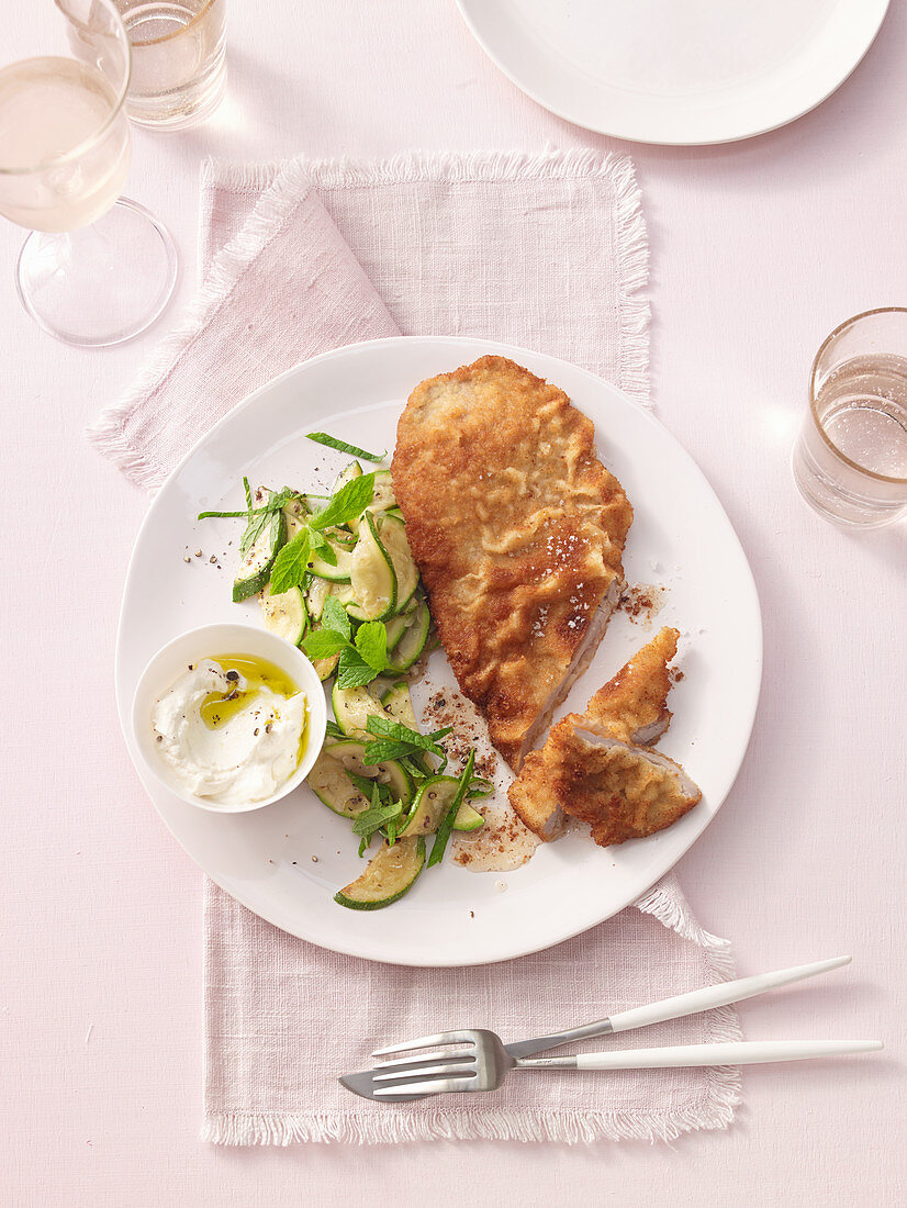 Parmesan schnitzel with zucchini and mint