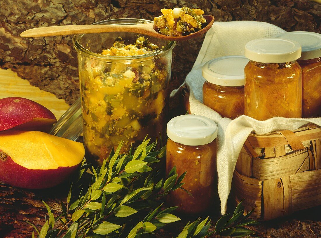 Apricot and mirabelle & mango chutneys in jars