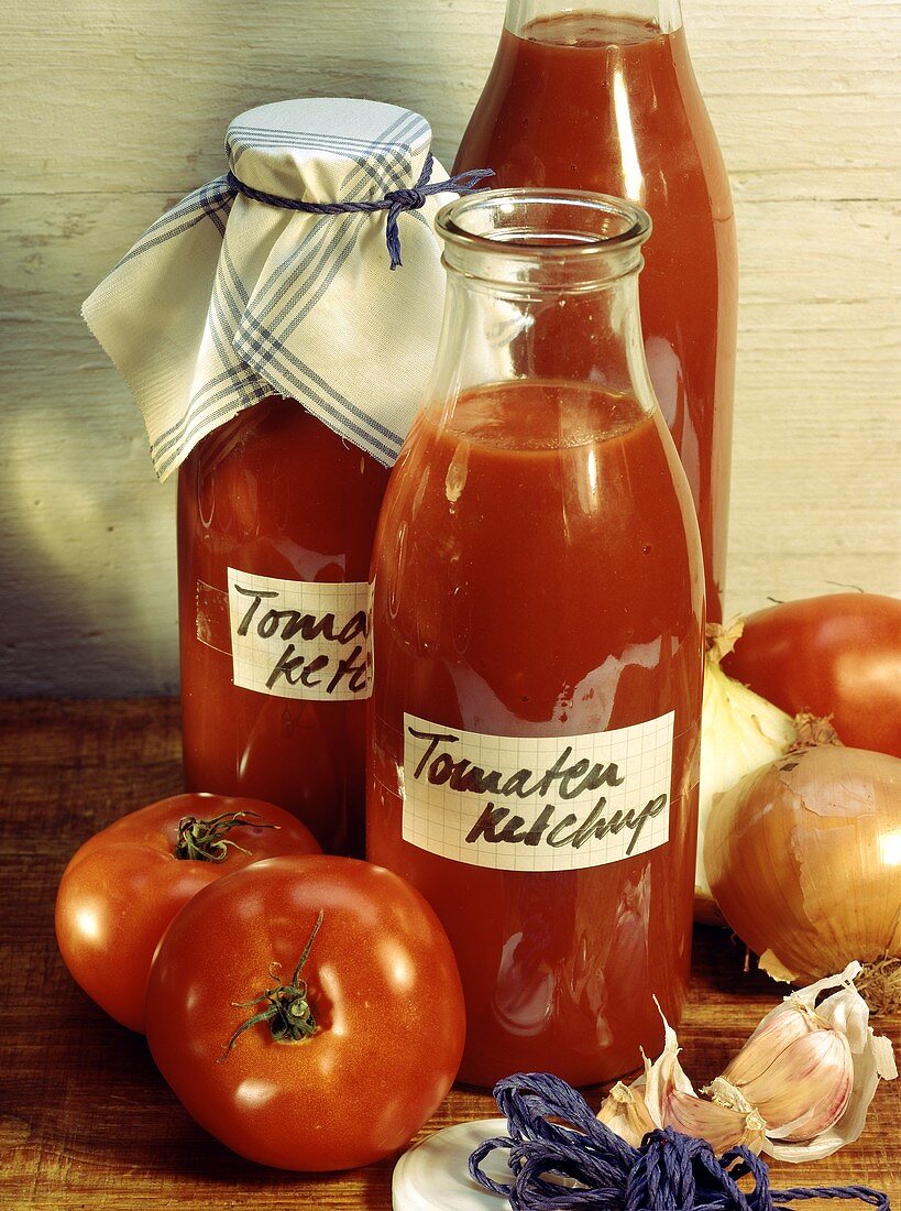 Home-made tomato ketchup in bottles