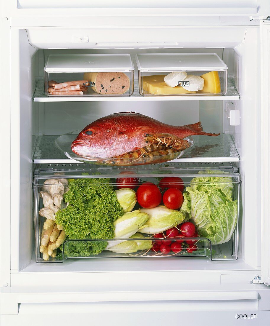 Lebensmittel (Gemüse,Fisch,Wurst,Käse) im Kühlschrank