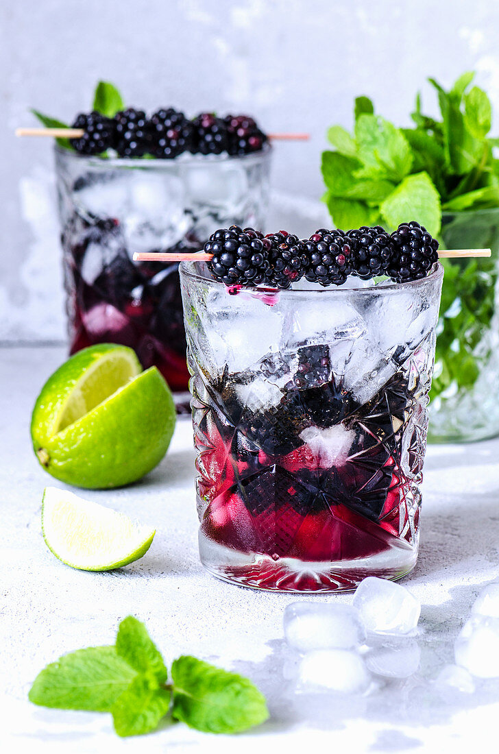 Lime, mint and blackberry kebabs on crystal glasses with ice and syrup