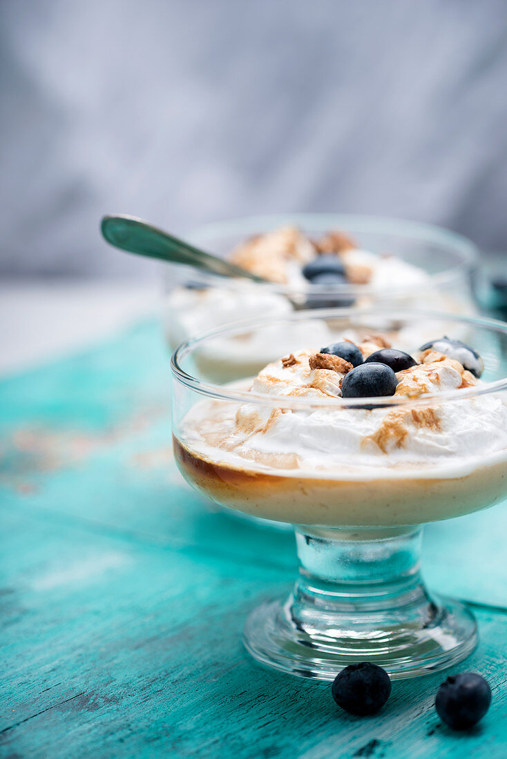 Vegan peanut butter pudding with soy cream and caramel