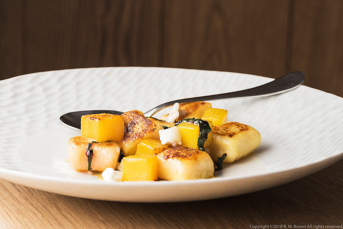 Roasted gnocchi with yellow beets