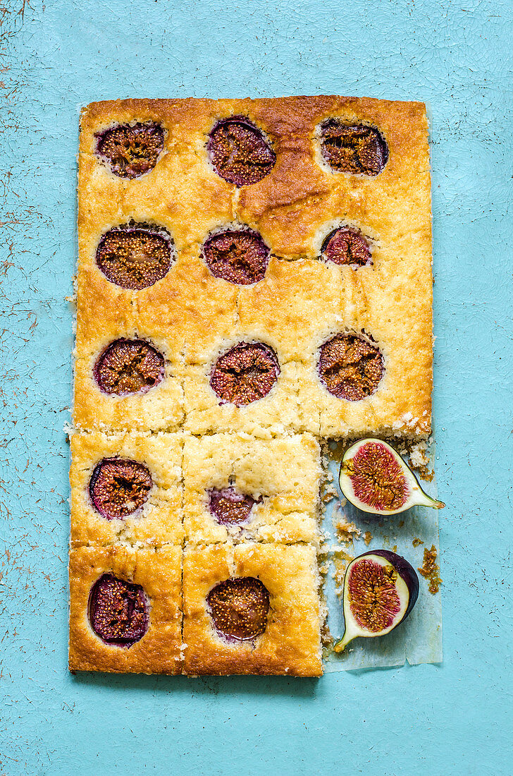 Fig and Honey Snack Cake on a blue surface