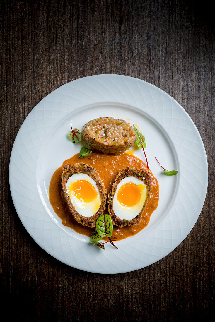 Nargisi Kofta (Lammcurry mit Ei, Indien) mit Tomatensauce und Reis