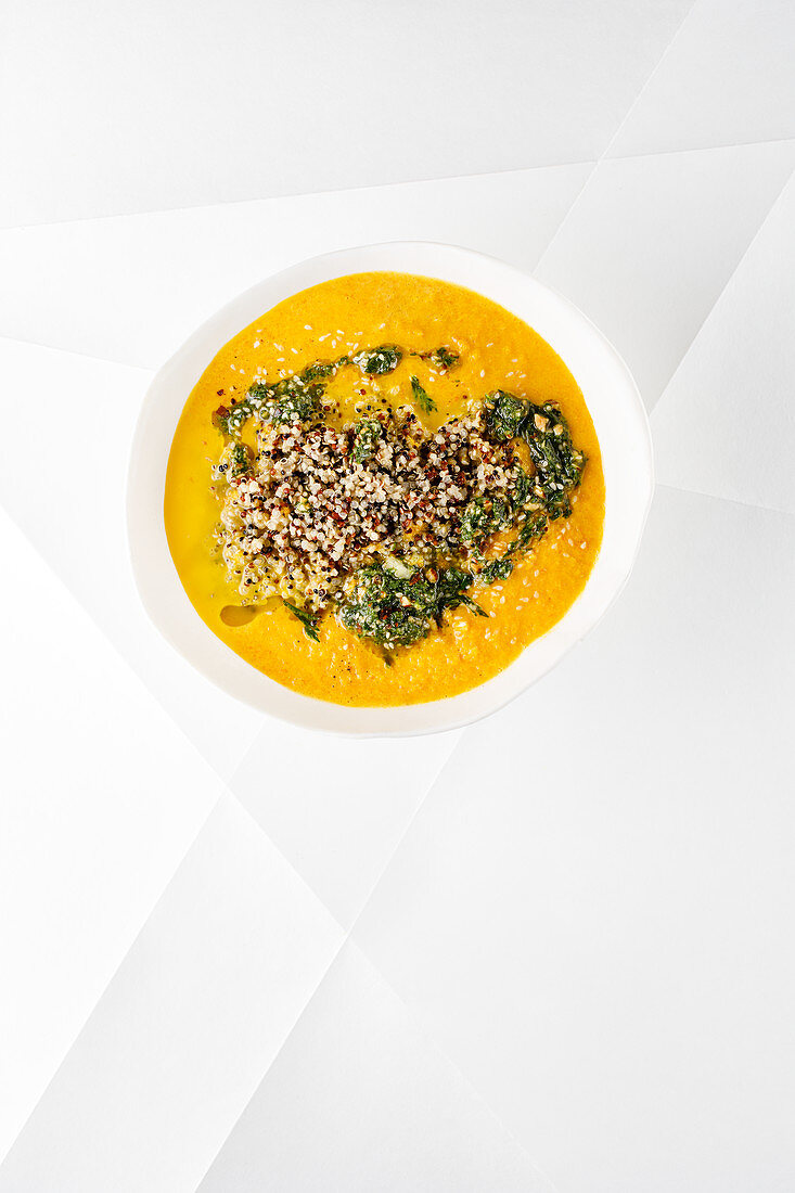 Carrot and sweet potato soup with green pesto