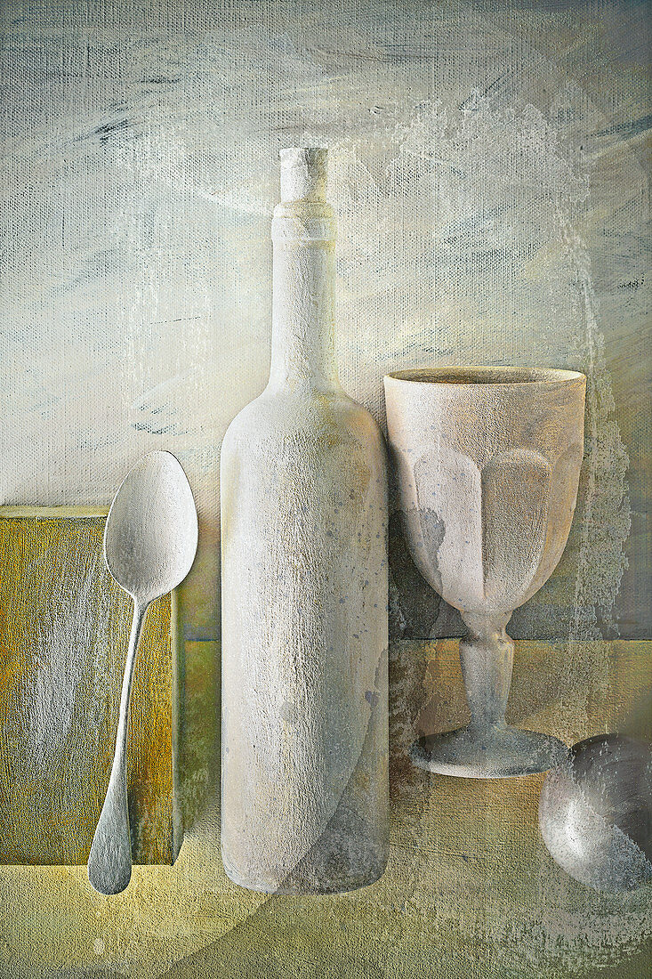 Food art: an arrangement of spoons, a wine bottle and a goblet (inspired by Giorgio Morandi)