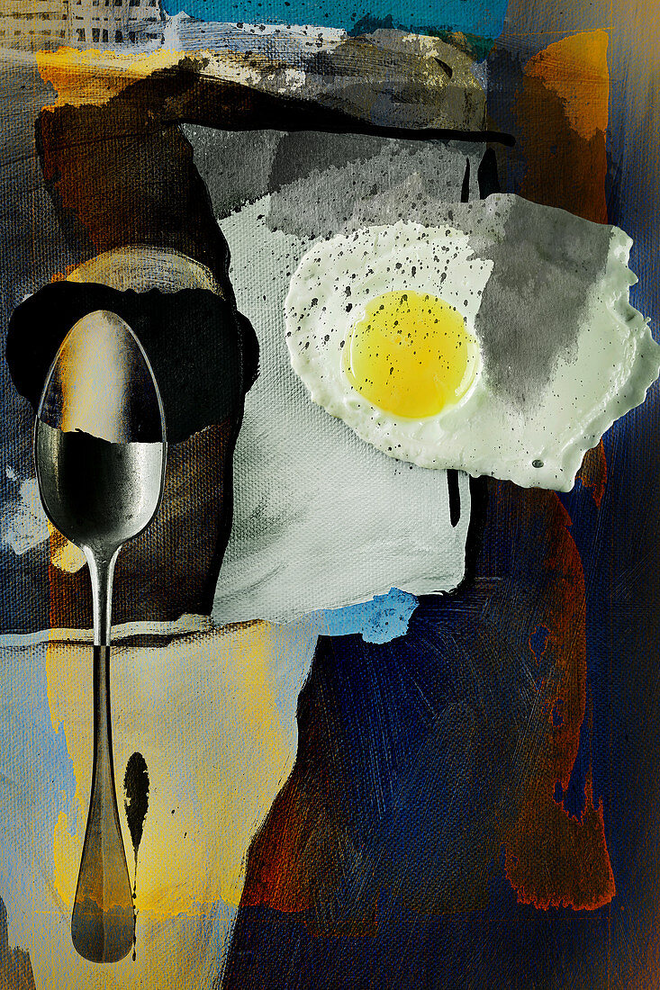 Food art: a collage with a spoon and a fried egg (inspired by Robert Motherwell)