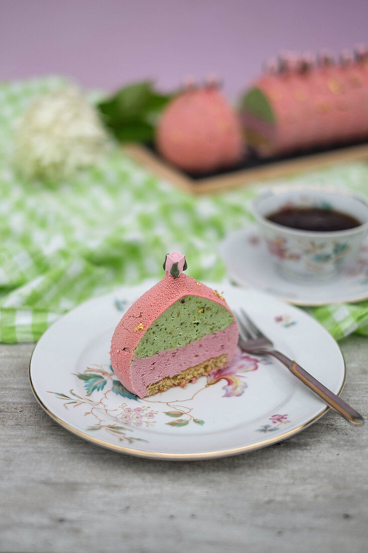 Raspberry rose cake with pistachio mousse