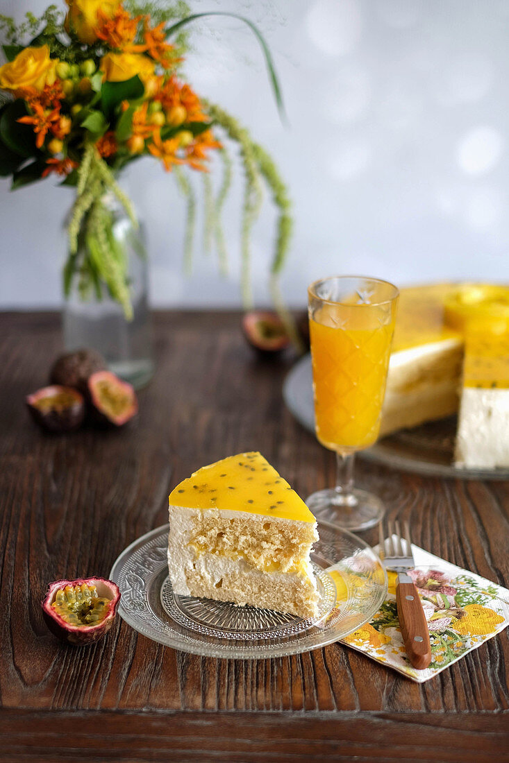 Mango and passion fruit cheesecake, sliced