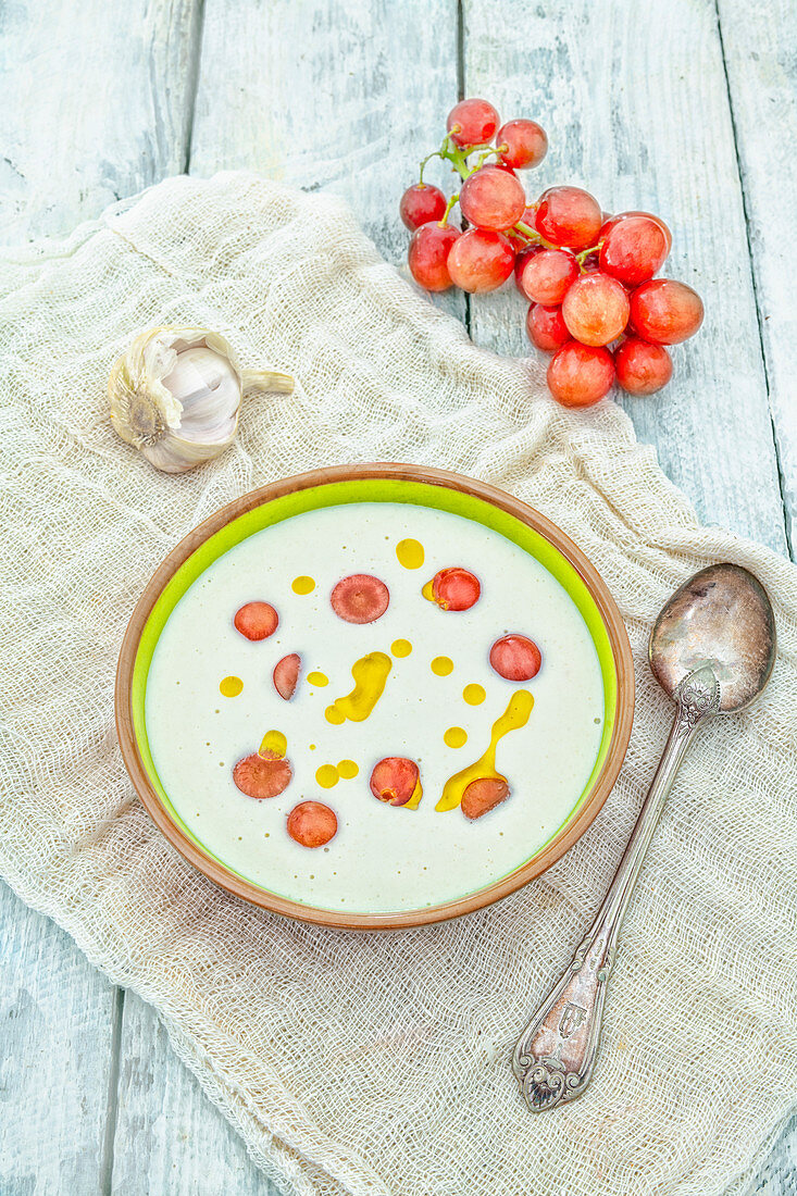 Ajo Blanco (Cold garlic and almond soup with grapes, Spain)