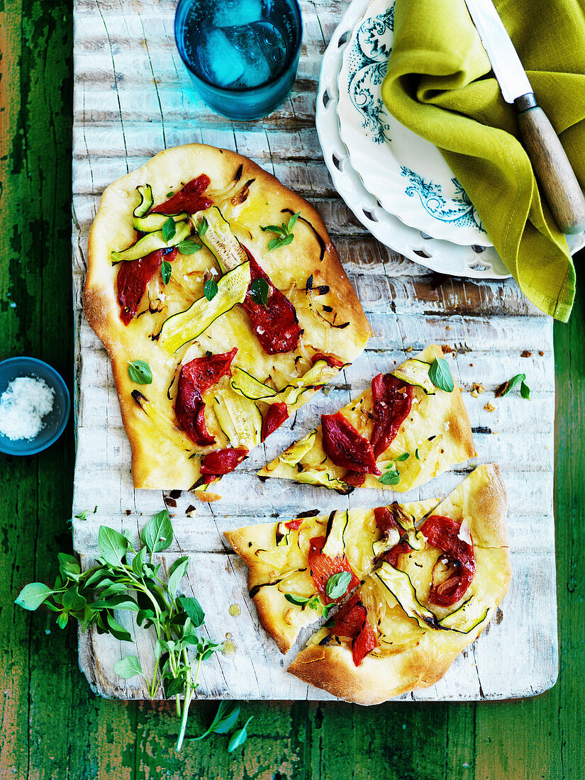 Flatbread with roasted peppers and zucchini
