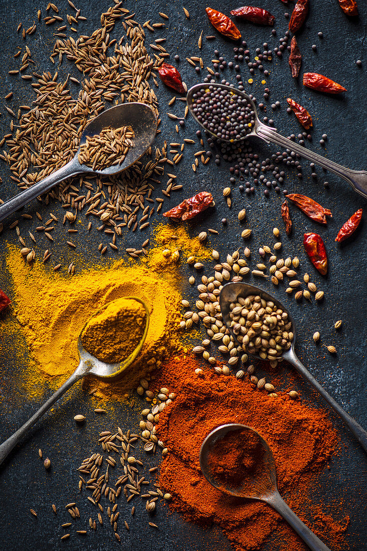 Dry indian spices, cumin, chilli, coriander, mustard seeds on a black board