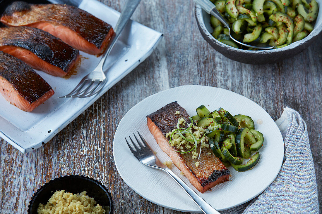 Salty-Sweet Salmon With Ginger and Spicy Cucumber Salad