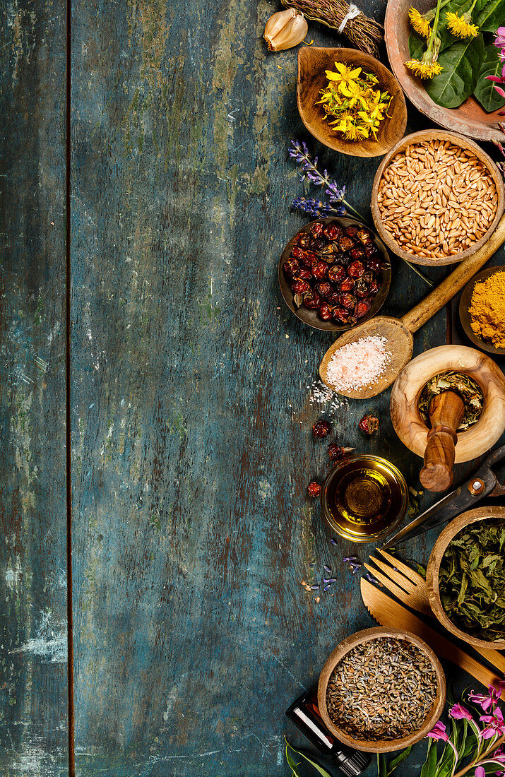 Flat lay of wild healing herbs. Clean eation, paleo, biohacking, herbal medicine concept